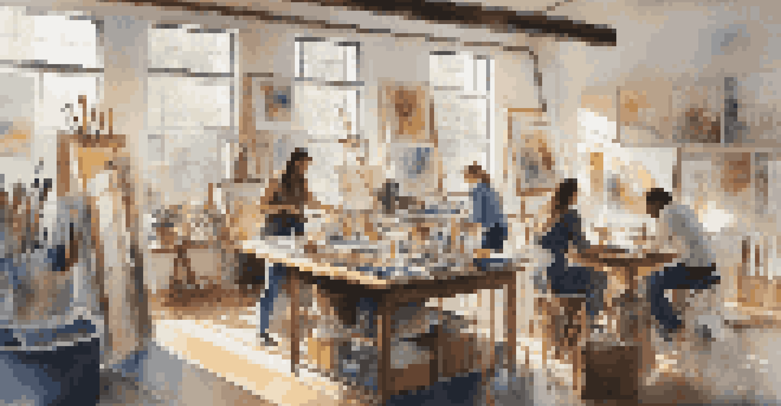 A collaborative art workspace with diverse artists sharing techniques, filled with art supplies and illuminated by natural light.