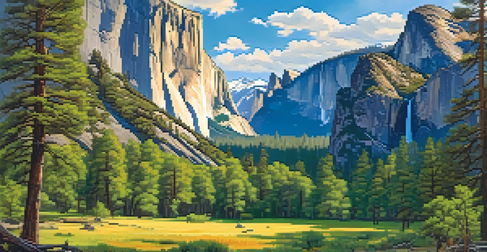 A stunning landscape of Yosemite National Park featuring granite cliffs, a waterfall, and hikers in a sunny meadow.