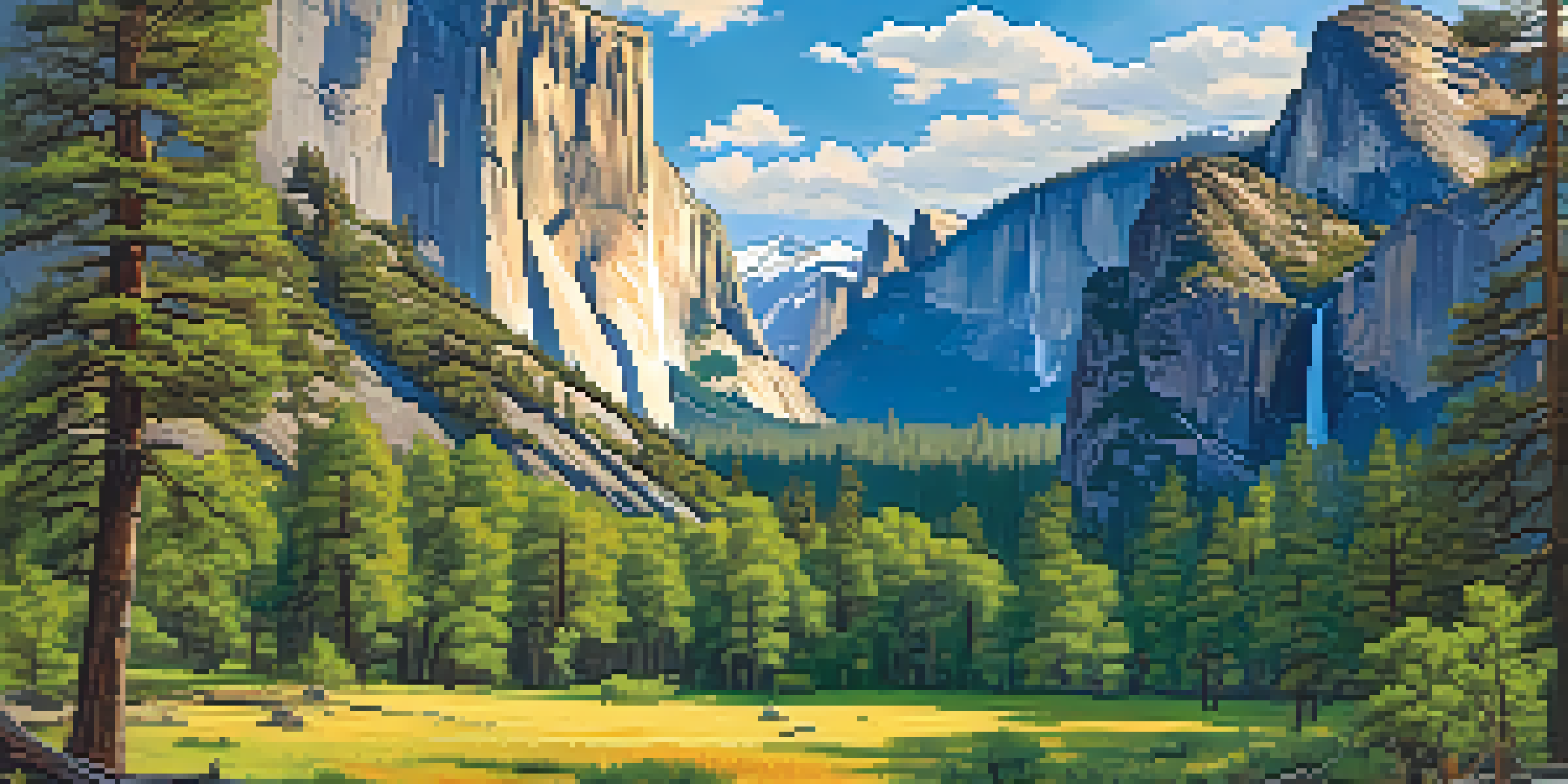 A stunning landscape of Yosemite National Park featuring granite cliffs, a waterfall, and hikers in a sunny meadow.