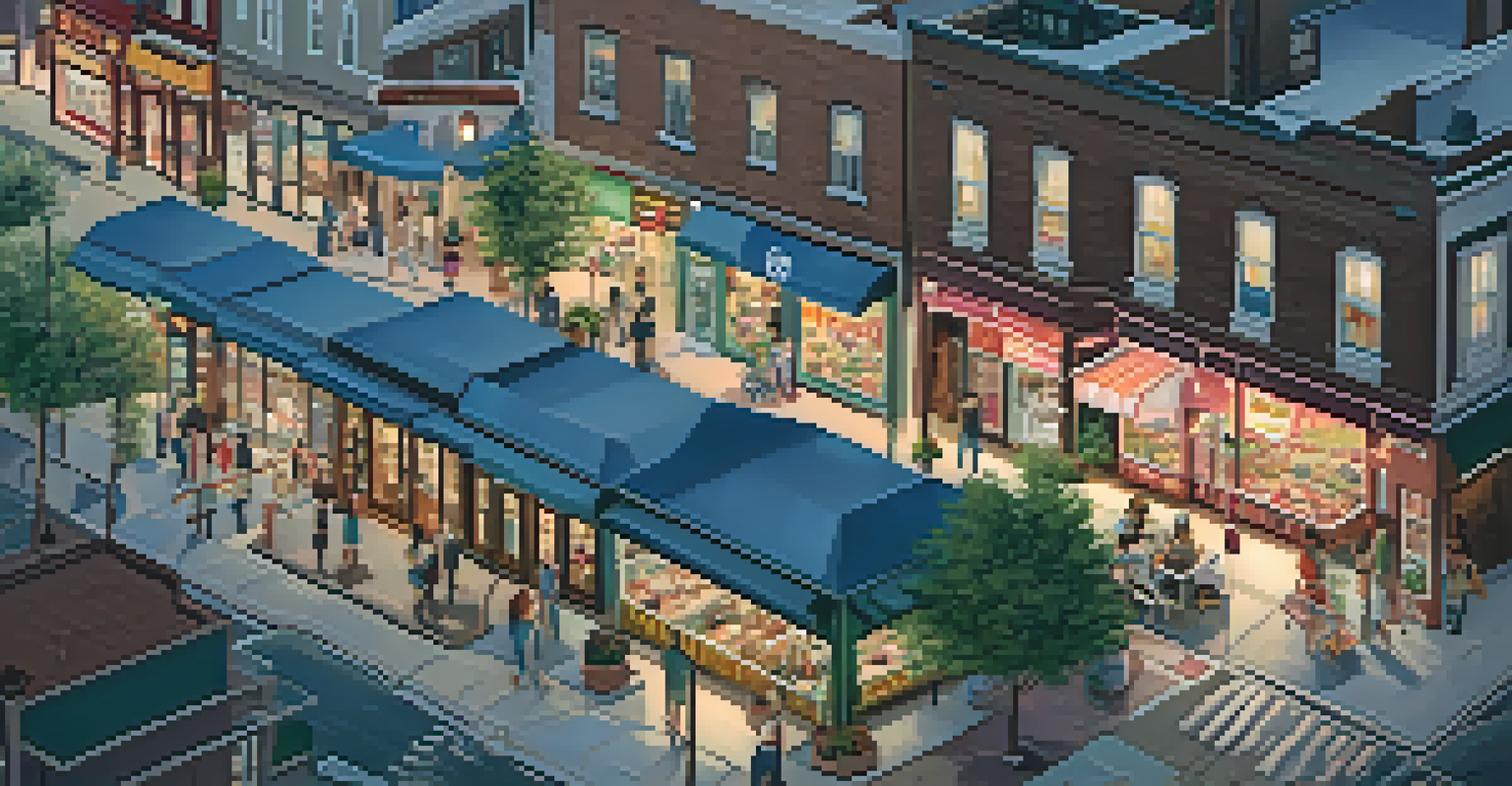 An aerial view of a bustling neighborhood at dusk with well-lit streets and lively outdoor seating.