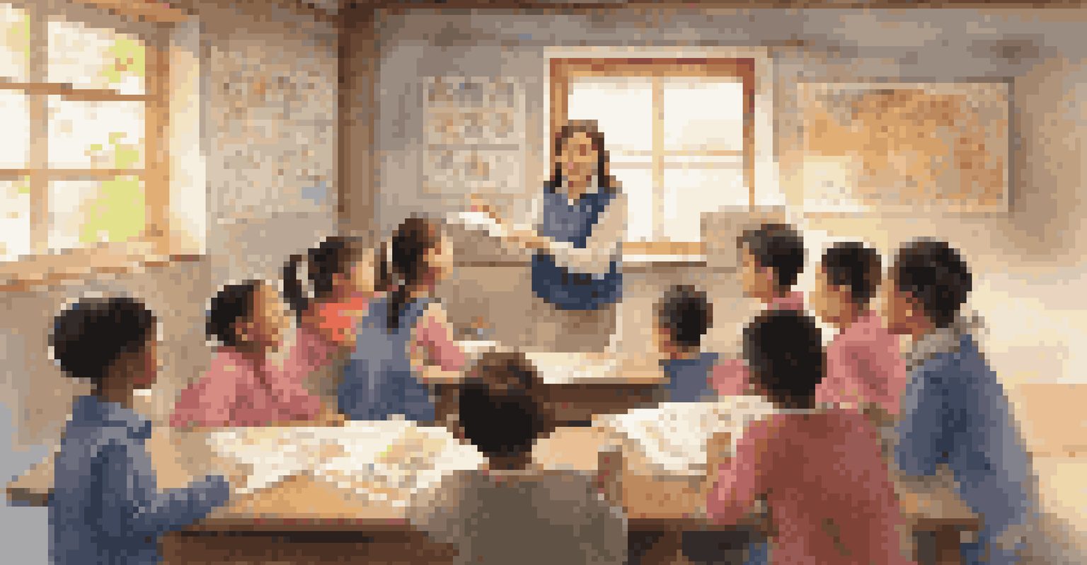 A volunteer teaching English to local children in a colorful classroom, with smiles and engagement all around.