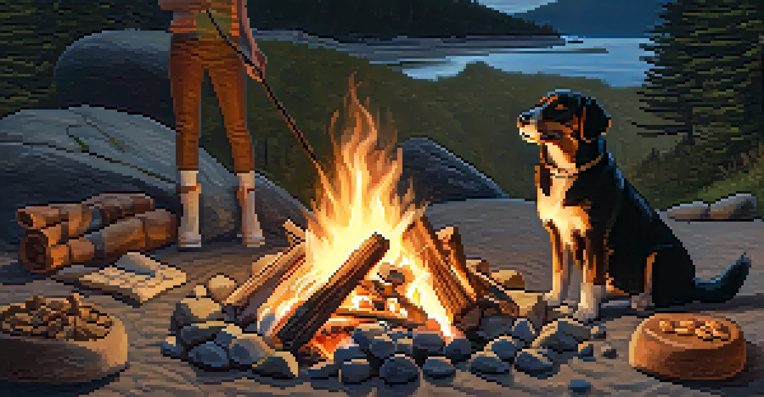 A campfire scene with a dog relaxing beside its owner, and treats on the ground.