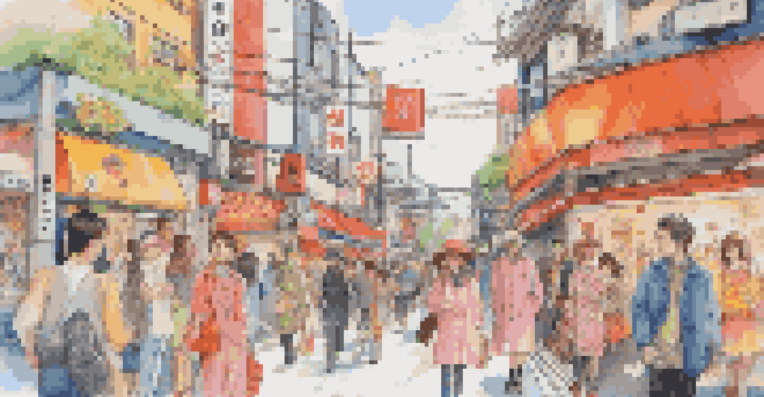 A lively street in Harajuku filled with people wearing colorful fashion and unique shops.