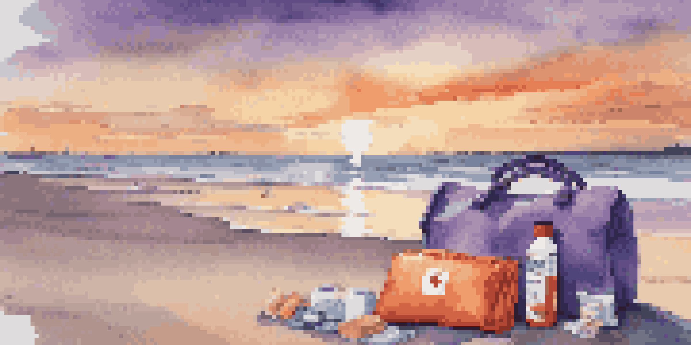 A beach at sunset with an emergency kit on a towel, showcasing first-aid supplies and snacks against a colorful sky.