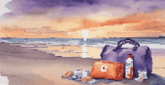 A beach at sunset with an emergency kit on a towel, showcasing first-aid supplies and snacks against a colorful sky.