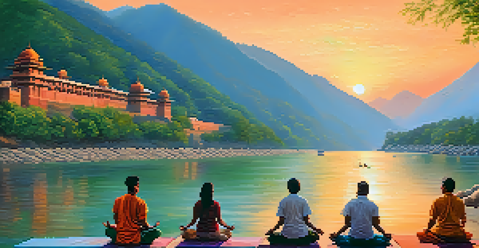 A scenic sunset view of Rishikesh, India, with people doing yoga by the Ganges River, surrounded by hills and ashrams.