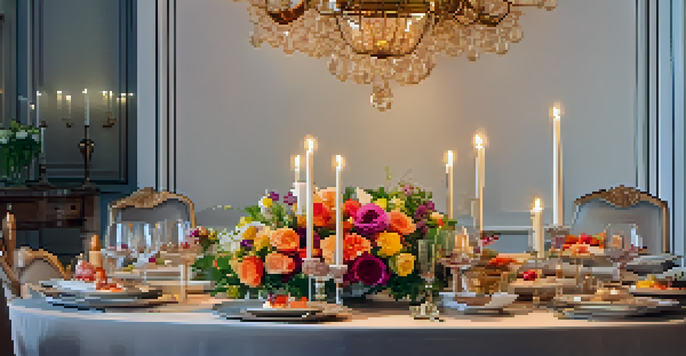 A gourmet dining table beautifully set with elegant tableware, candles, and a vibrant floral centerpiece, showcasing exquisitely plated dishes.