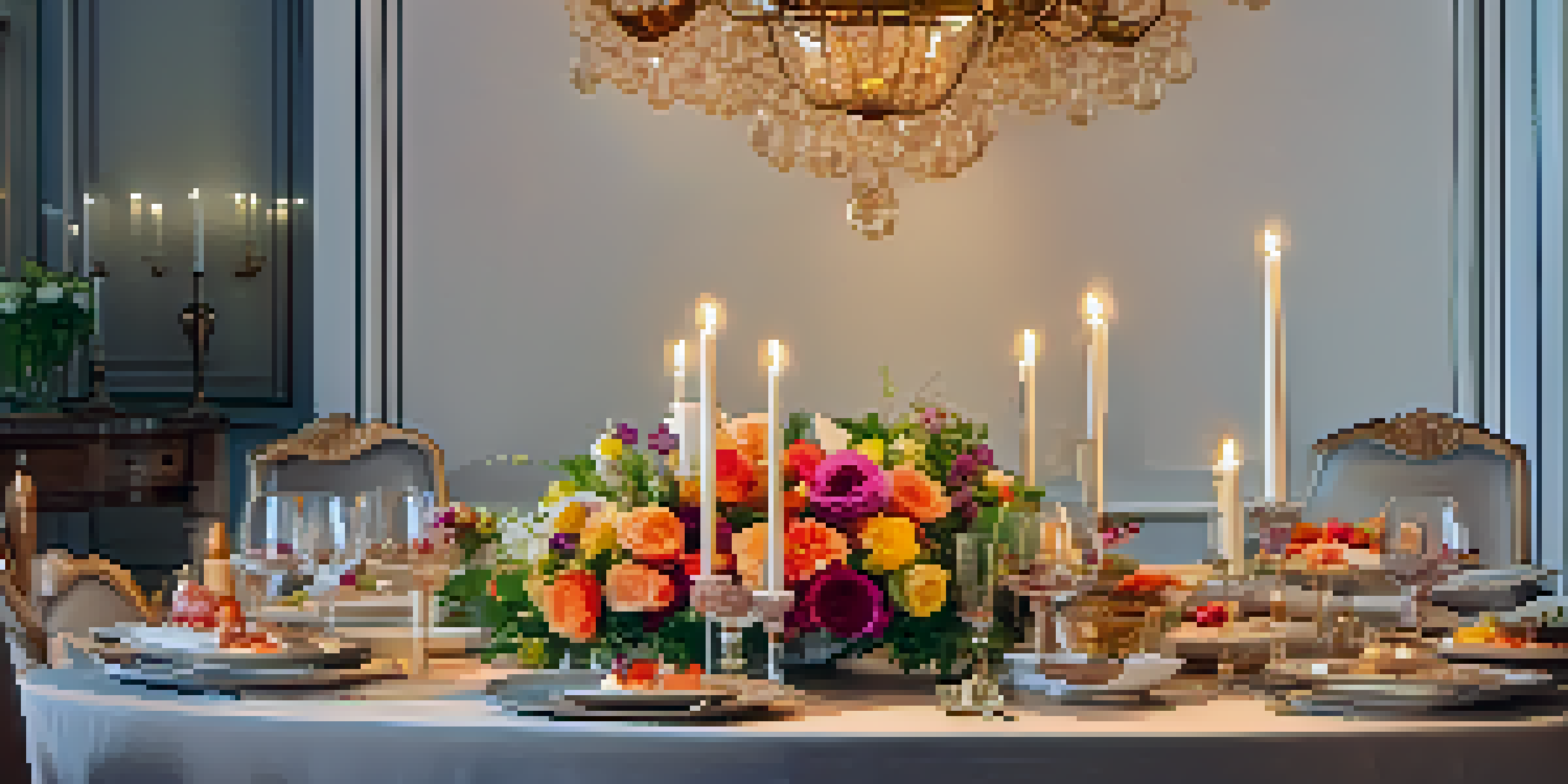 A gourmet dining table beautifully set with elegant tableware, candles, and a vibrant floral centerpiece, showcasing exquisitely plated dishes.