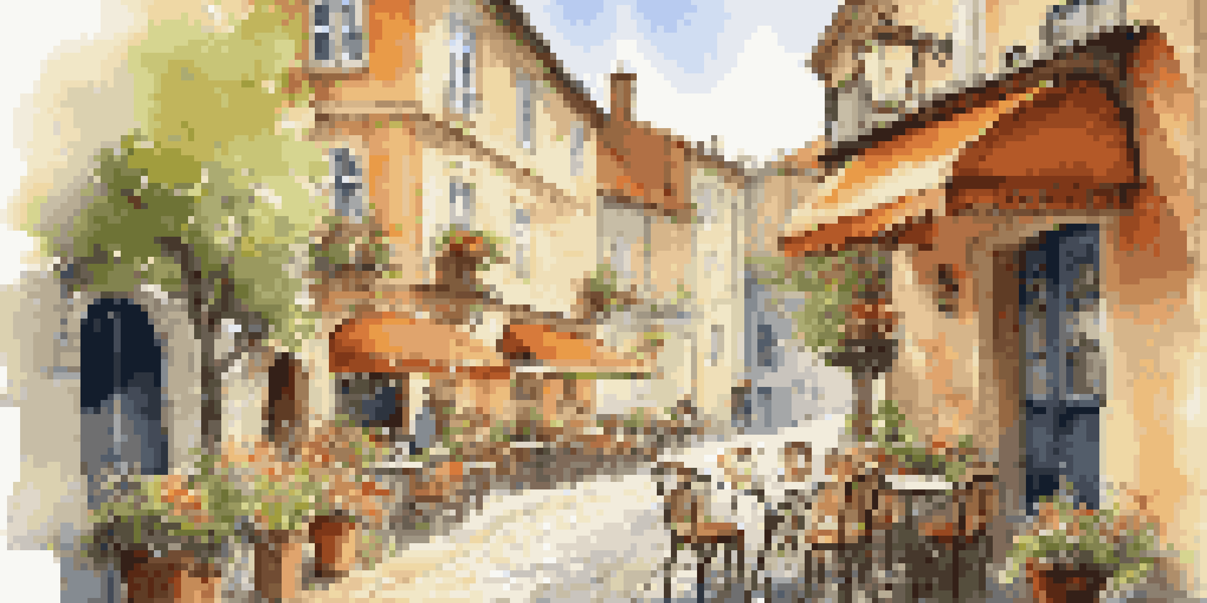 A traveler enjoying coffee at an outdoor café in a picturesque European town, surrounded by flowers and charming buildings.