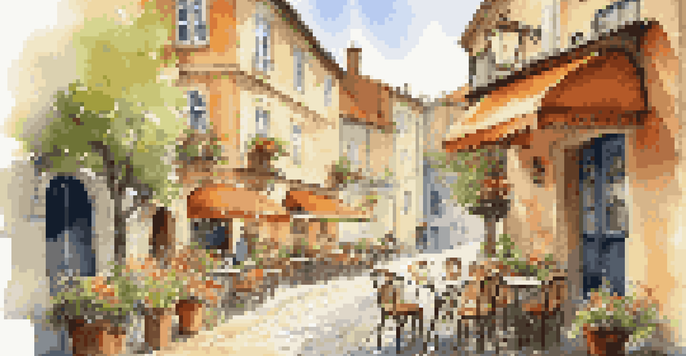 A traveler enjoying coffee at an outdoor café in a picturesque European town, surrounded by flowers and charming buildings.