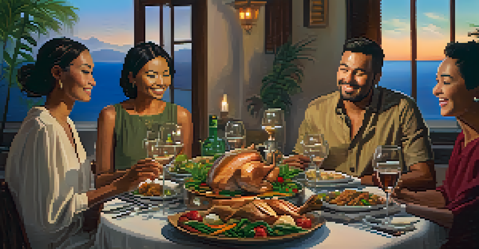 A group of travelers of diverse backgrounds sharing stories over a dinner table, surrounded by local cuisine and warm lighting.