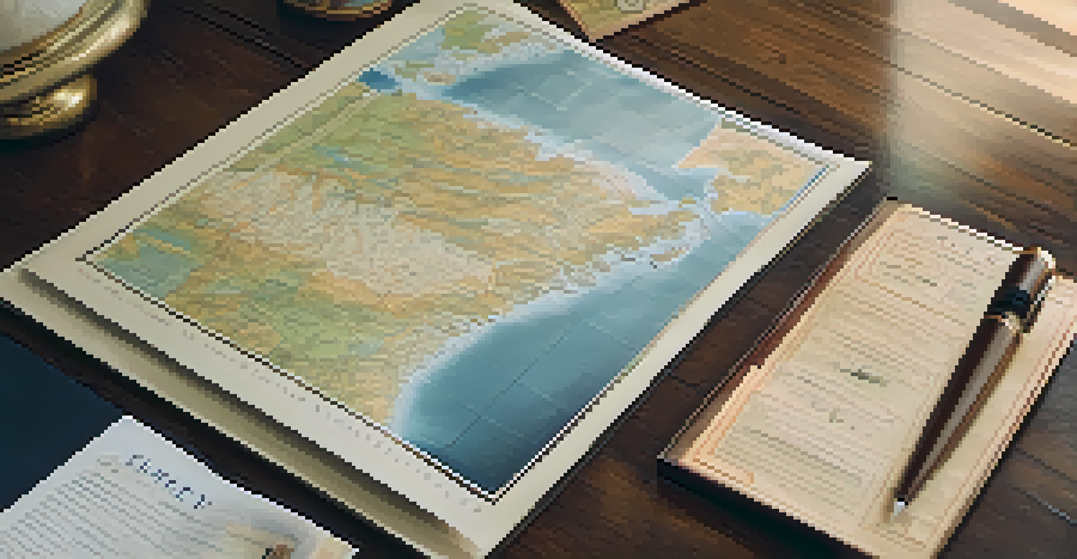 A travel itinerary with a hotel brochure and a vintage map on a wooden table, illuminated by soft natural light from a window.