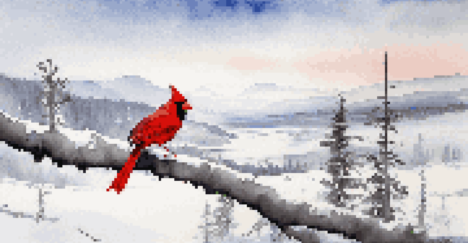 A peaceful winter landscape in Yellowstone with a cardinal on a snowy branch and geysers in the background.