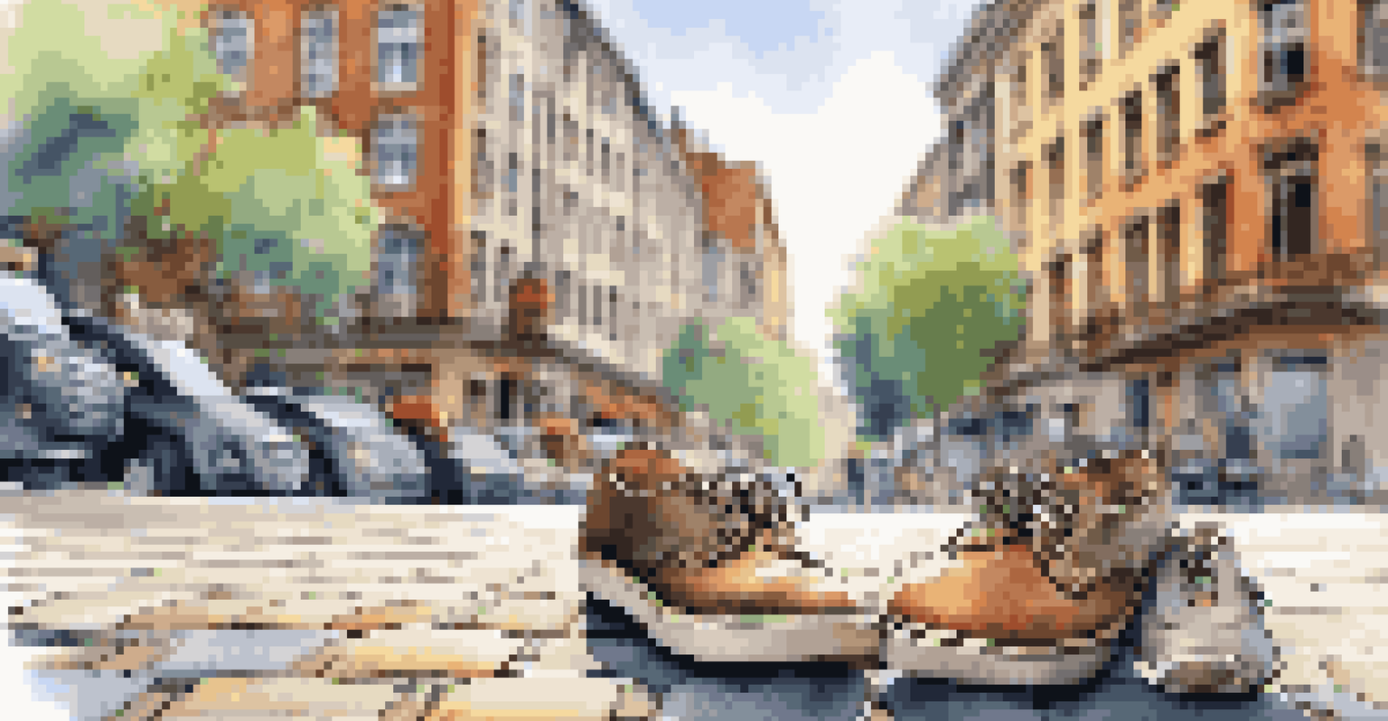 Stylish and comfortable shoes on a cobblestone street with a lively city atmosphere in the background.