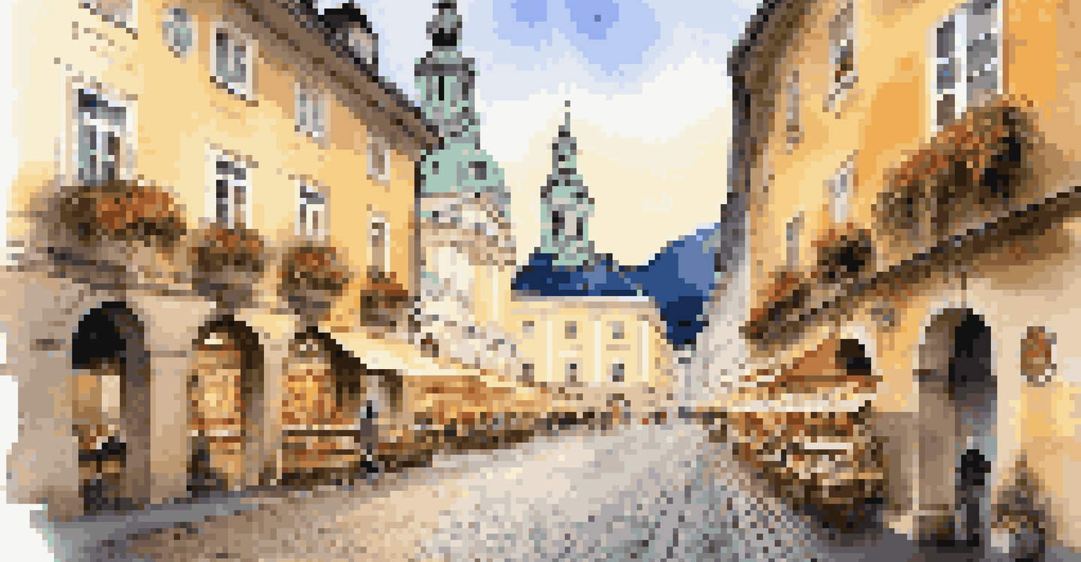 A charming view of Salzburg's Old Town with cobblestone streets, baroque buildings, and warm lights, featuring shops and cafes with a glimpse of Mozart's birthplace.