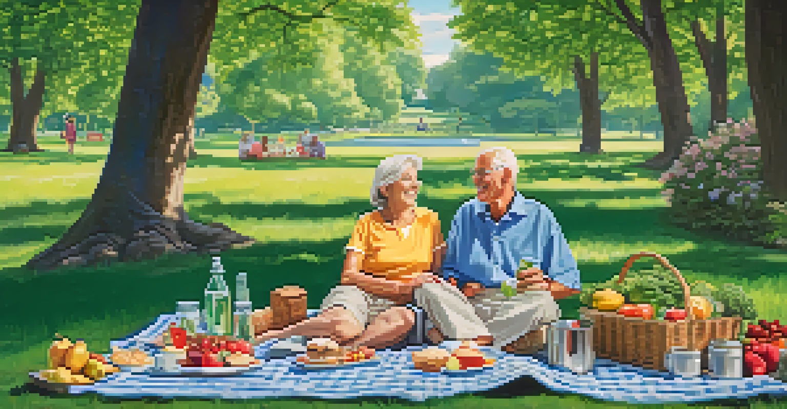 An older couple having a picnic on a blanket in a park, surrounded by healthy food and a water bottle, with green trees and blue sky in the background.