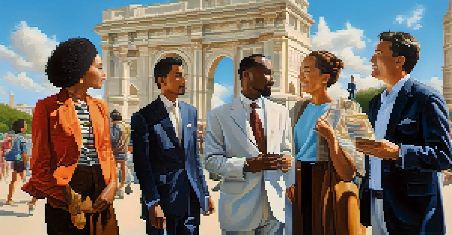 A group of diverse travelers in cultural attire discussing and exploring iconic global landmarks under a bright blue sky.