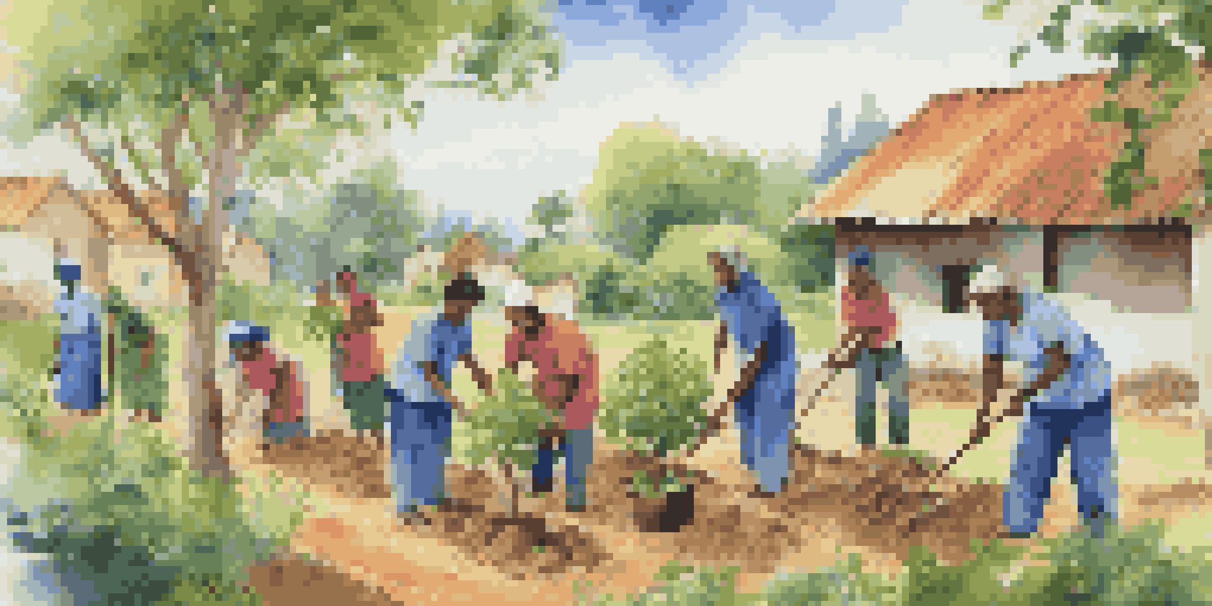 A diverse group of volunteers planting trees and helping children in a rural village surrounded by greenery.