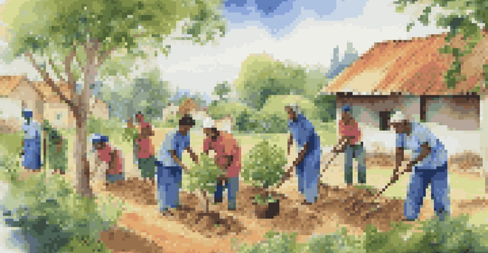 A diverse group of volunteers planting trees and helping children in a rural village surrounded by greenery.