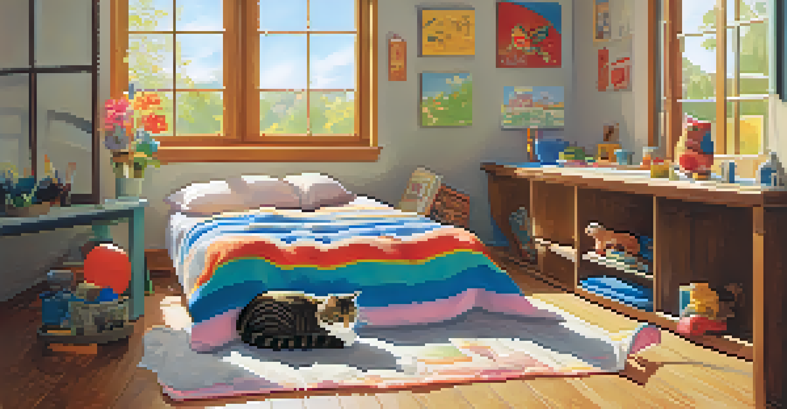 A comfortable space for a cat with a bed and toys in a sunny room.