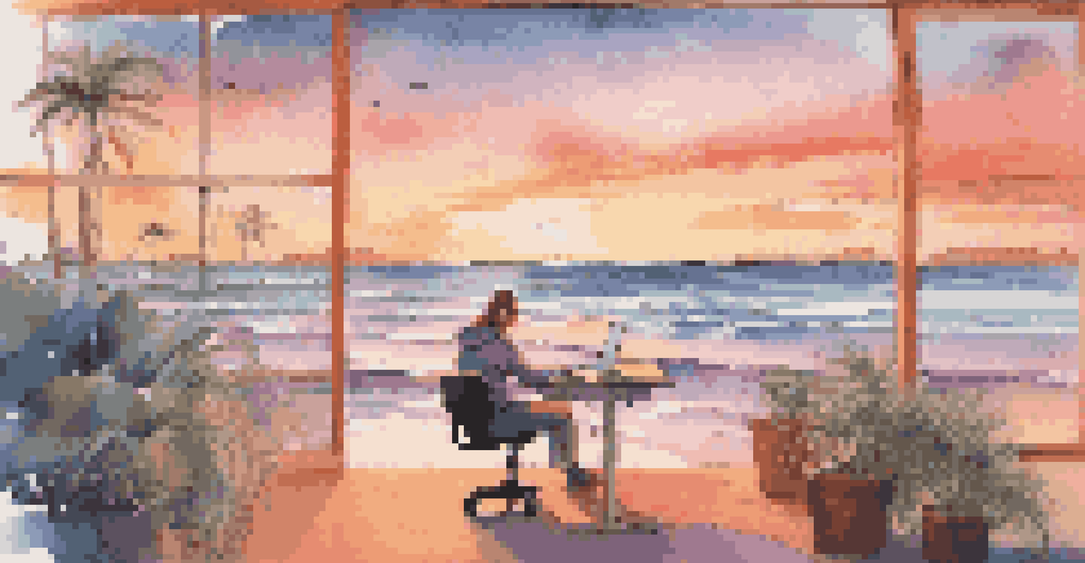 A person working on a laptop at a portable desk by the beach during sunset, with ocean waves and a colorful sky in the background.