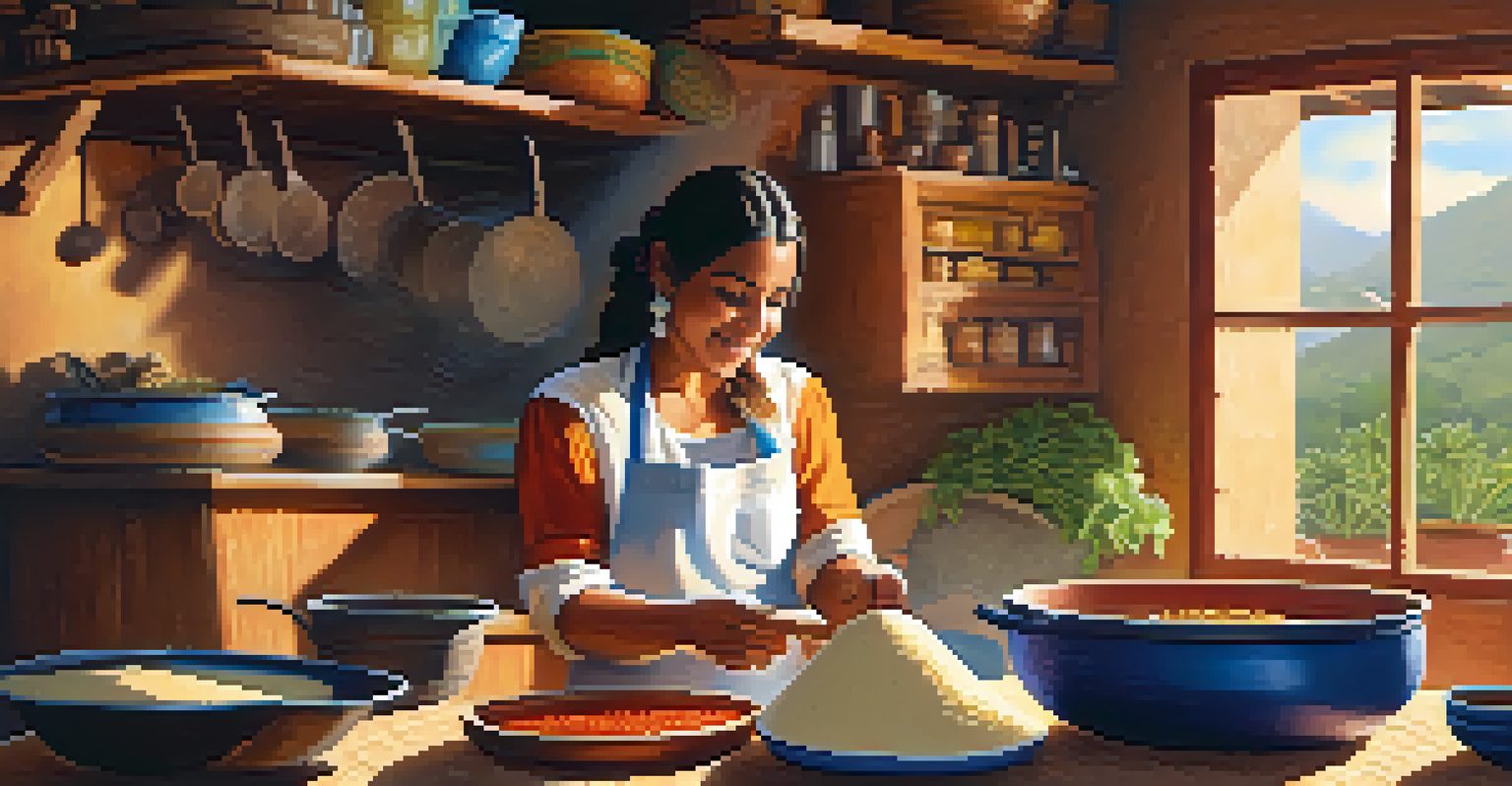 A local artisan teaching a traveler to make tortillas in a cozy kitchen filled with colorful ingredients and warm sunlight.