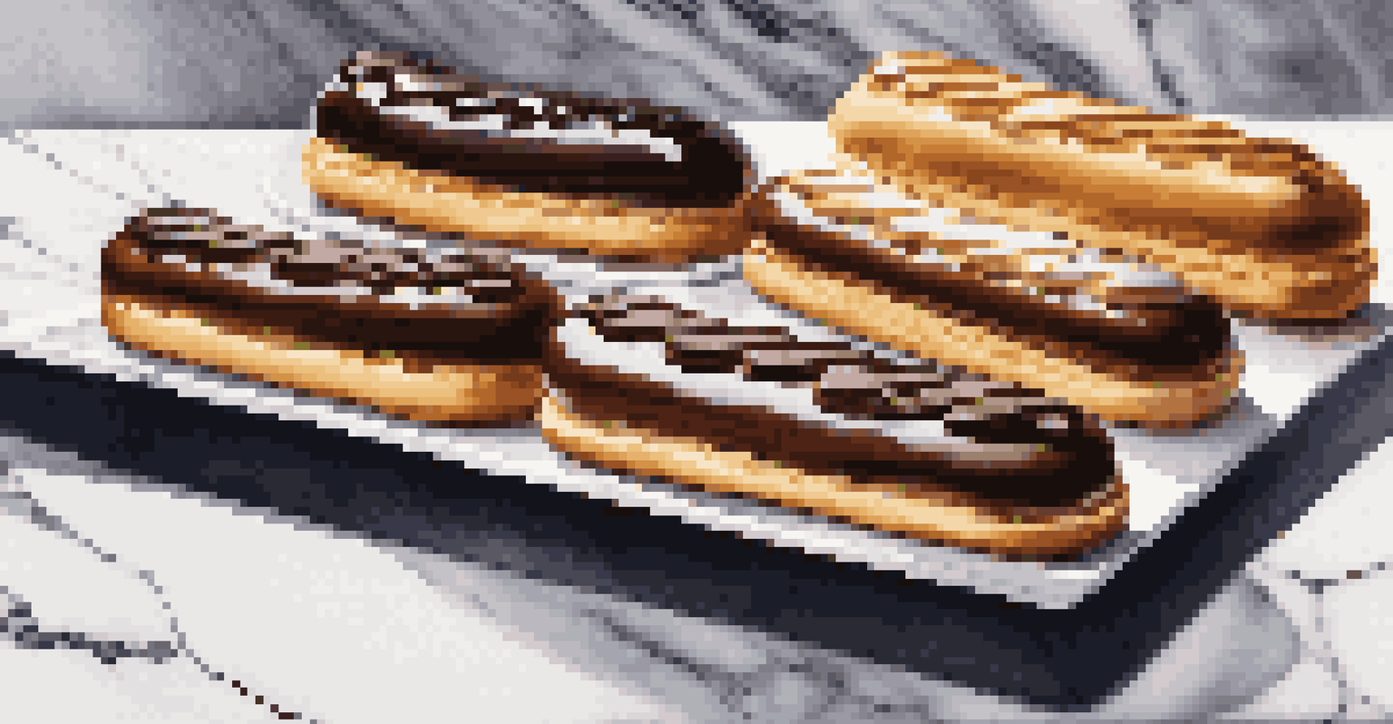 A display of traditional French éclairs with glossy icing on a marble countertop.