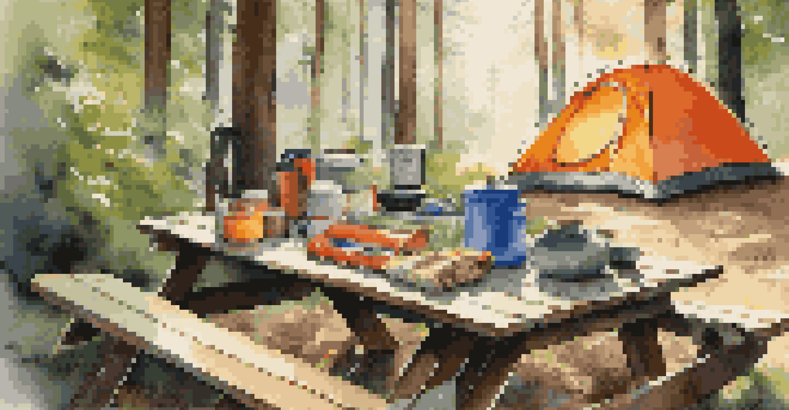 An organized camping setup with gear on a picnic table in a forest.