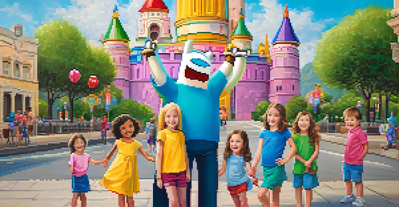 A family posing in front of a famous landmark with a sign that says 'Adventure Time!', filled with joy and bright colors.