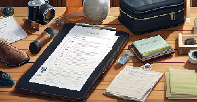 An organized packing list with clothing, toiletries, and important documents displayed on a wooden table, with a globe and suitcase in the background.