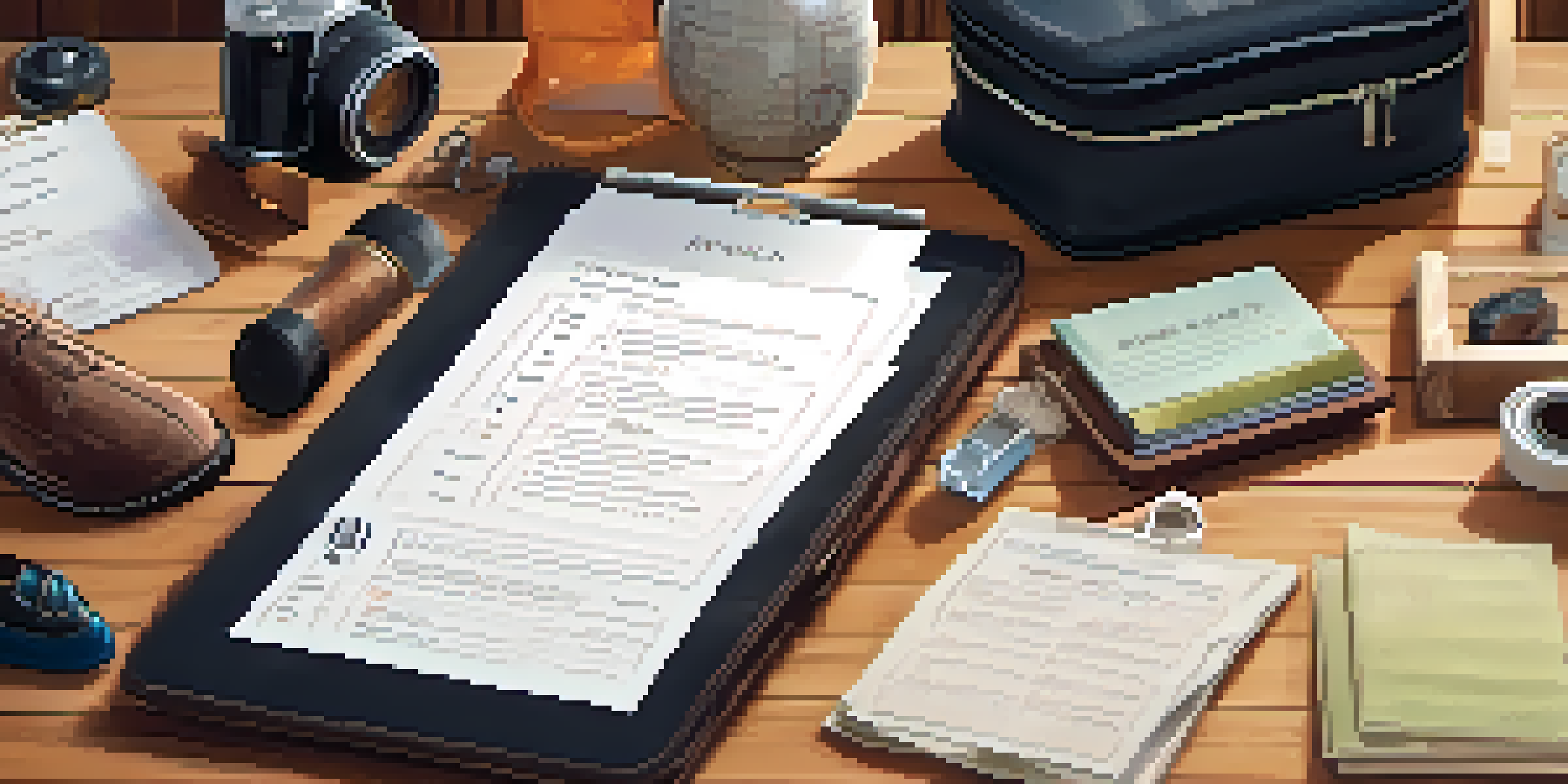 An organized packing list with clothing, toiletries, and important documents displayed on a wooden table, with a globe and suitcase in the background.