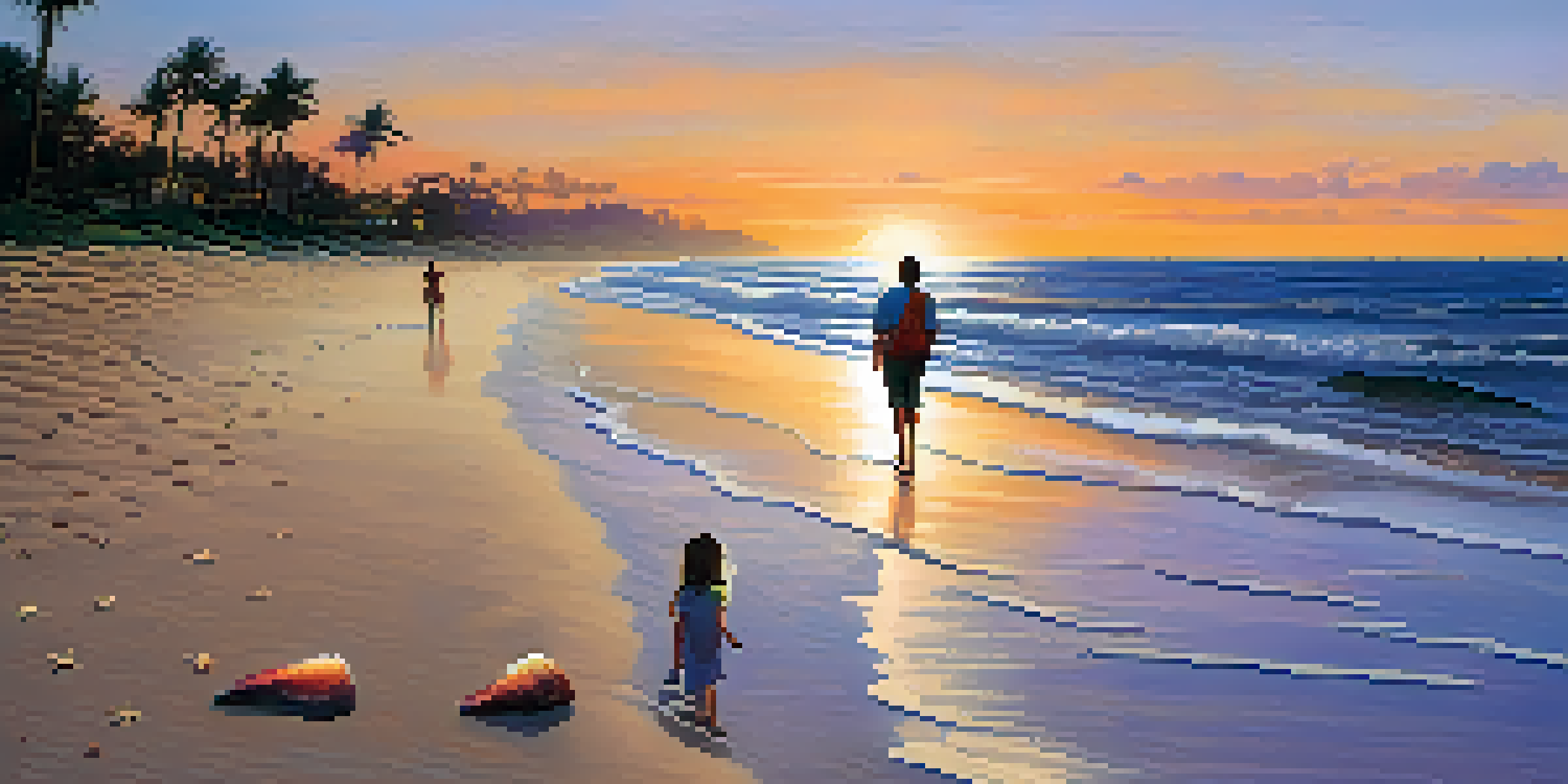 A couple walking hand in hand on a tranquil beach at sunset, with palm trees and colorful skies in the background.