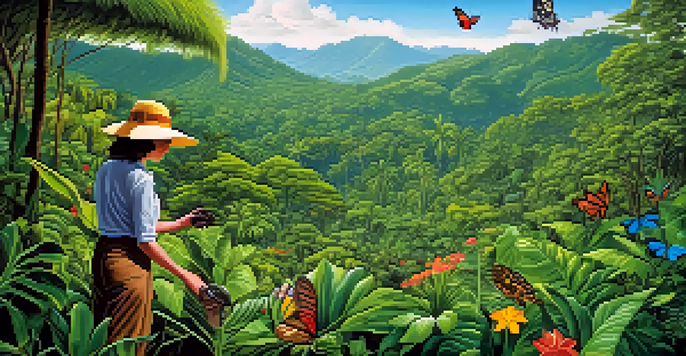 A volunteer planting a young tree in a lush Costa Rican rainforest, surrounded by vibrant greenery and wildlife.