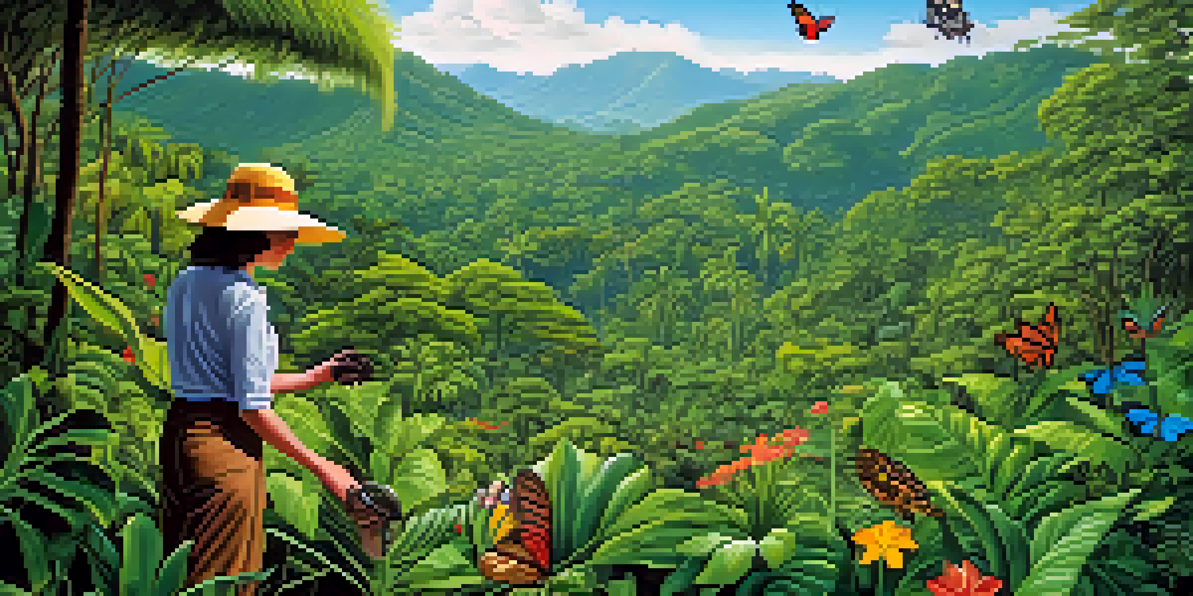 A volunteer planting a young tree in a lush Costa Rican rainforest, surrounded by vibrant greenery and wildlife.