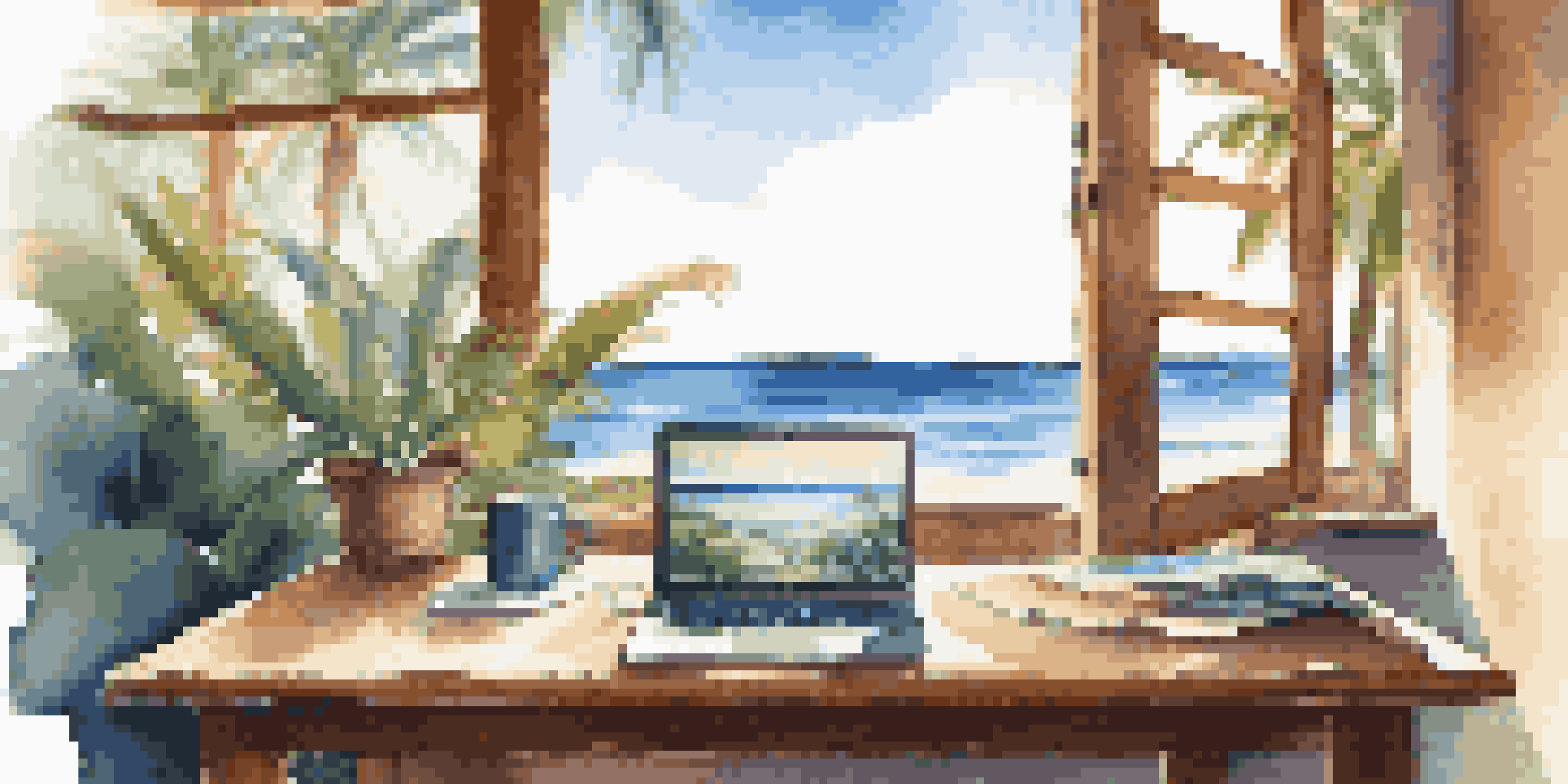 A laptop on a wooden table on a beach, surrounded by tropical plants and ocean views under bright sunlight.