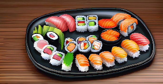 A colorful sushi platter with different types of sushi, garnished with wasabi and ginger, on a wooden table, illuminated by soft lighting.