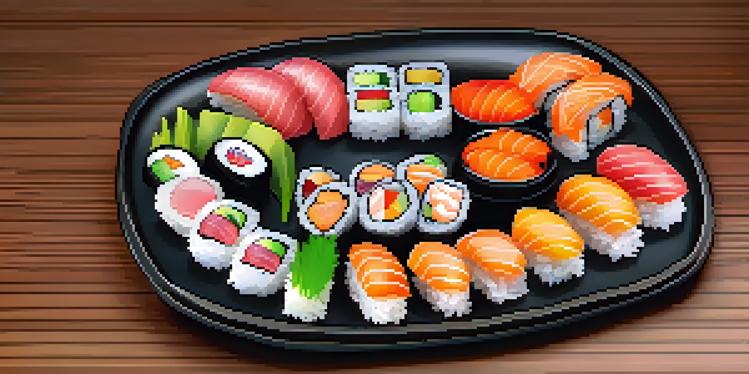 A colorful sushi platter with different types of sushi, garnished with wasabi and ginger, on a wooden table, illuminated by soft lighting.