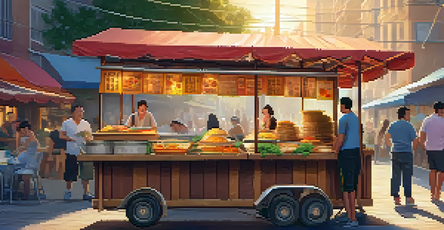 A street food vendor offering a variety of dishes with people enjoying their food.