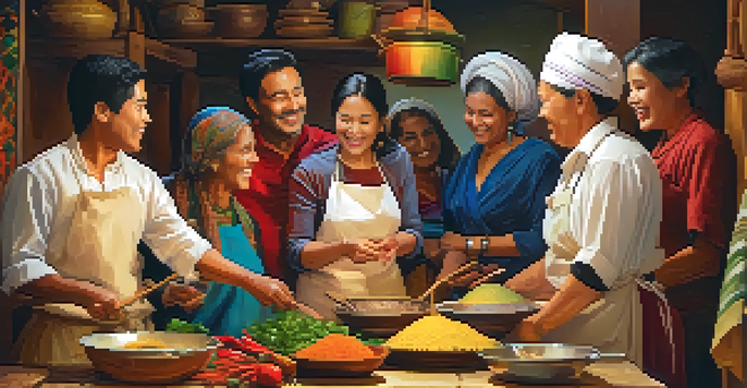 A diverse group of travelers participating in a cooking class with local families, surrounded by colorful ingredients and a warm kitchen atmosphere.