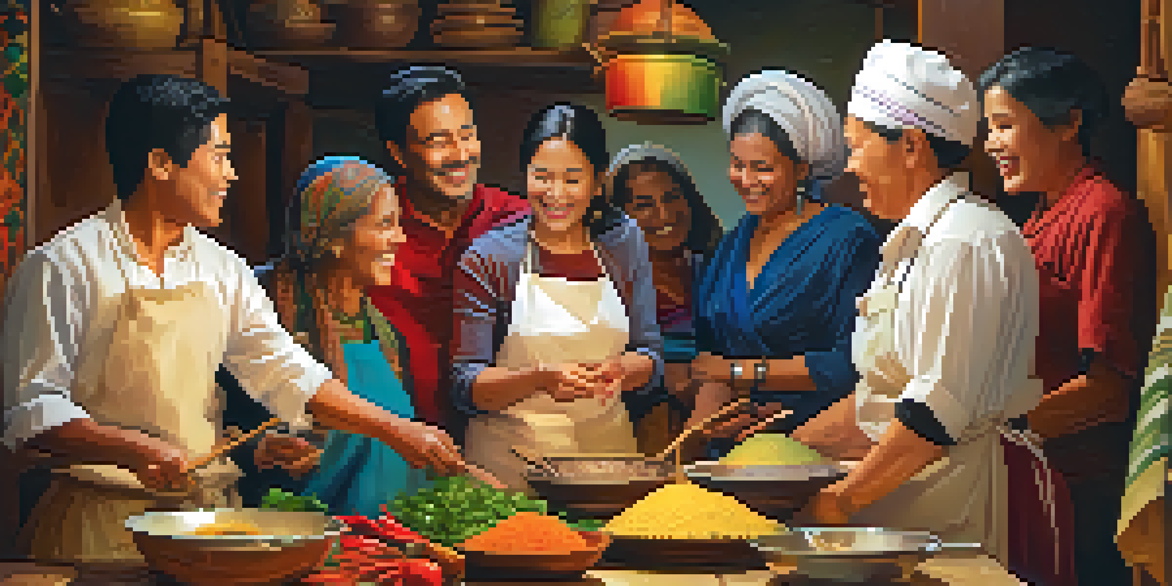 A diverse group of travelers participating in a cooking class with local families, surrounded by colorful ingredients and a warm kitchen atmosphere.