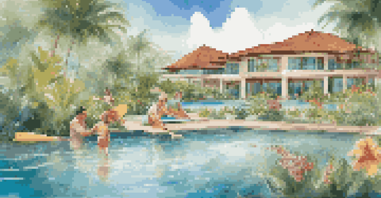 A family having fun paddleboarding at a luxury resort lagoon, surrounded by tropical plants and vibrant flowers.