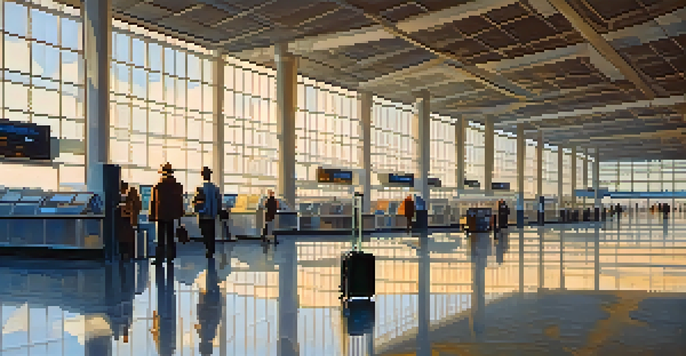 A nearly empty airport terminal during early morning light, with a lone traveler at a check-in kiosk and luggage carts scattered around.