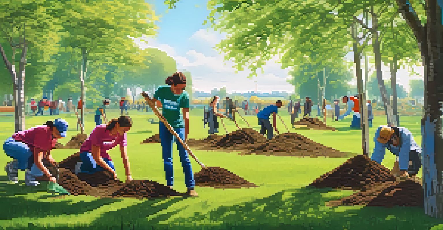 Volunteers planting trees in a community park under a clear blue sky, with locals observing.
