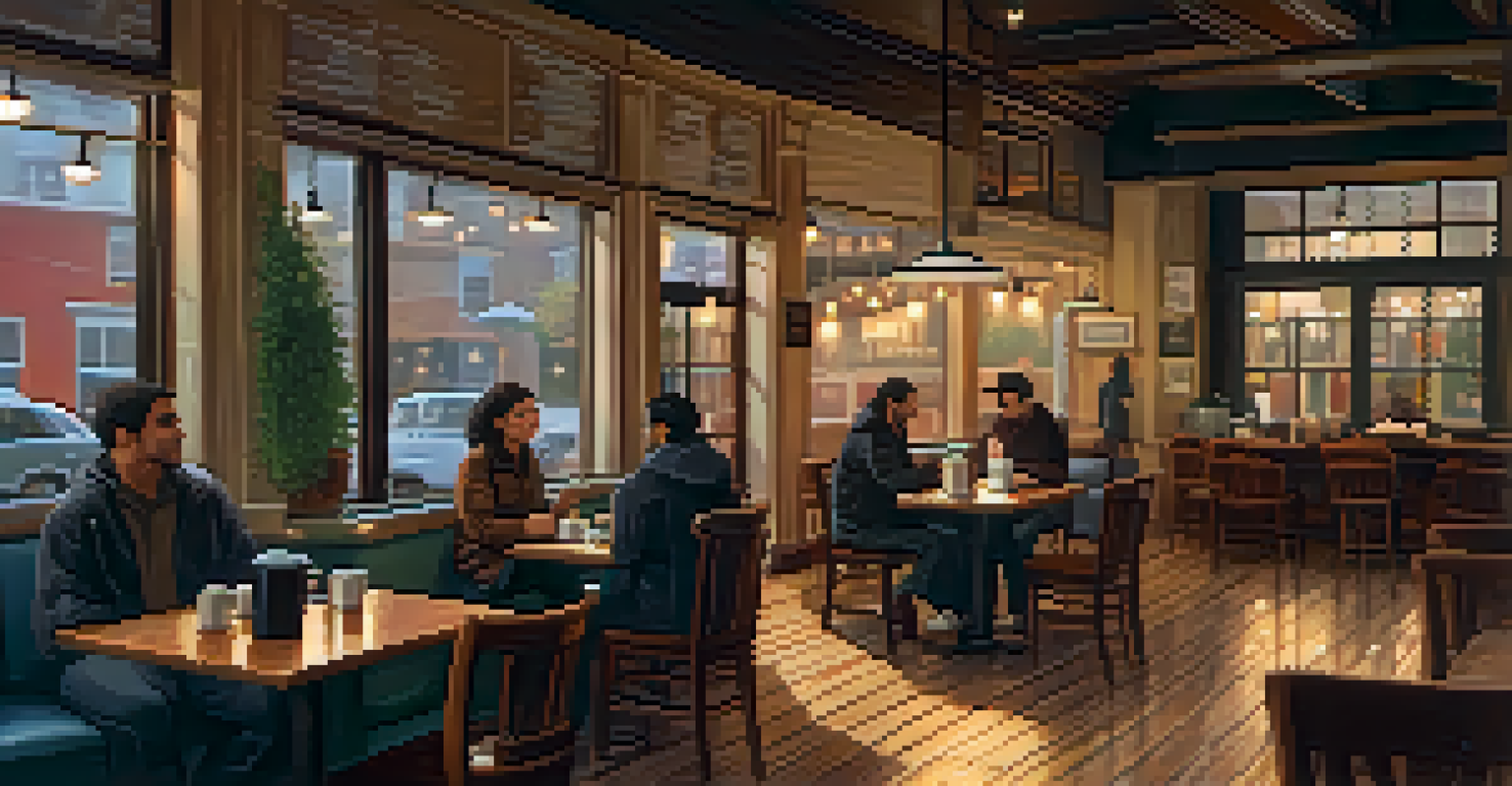 A warm and inviting coffee shop interior with patrons enjoying coffee and working on laptops.