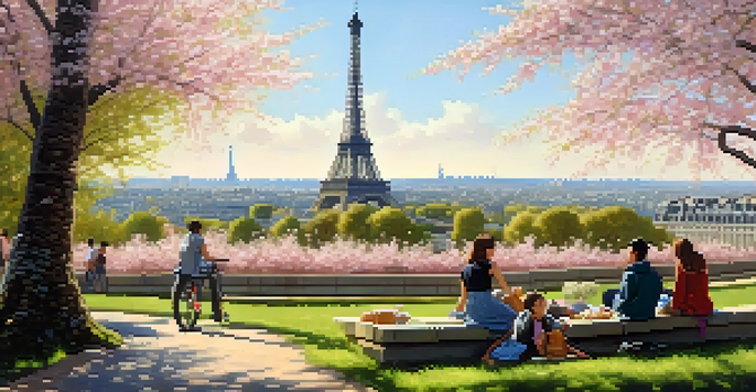 A view of the Eiffel Tower surrounded by cherry blossom trees, with people having a picnic and a visible accessible pathway.