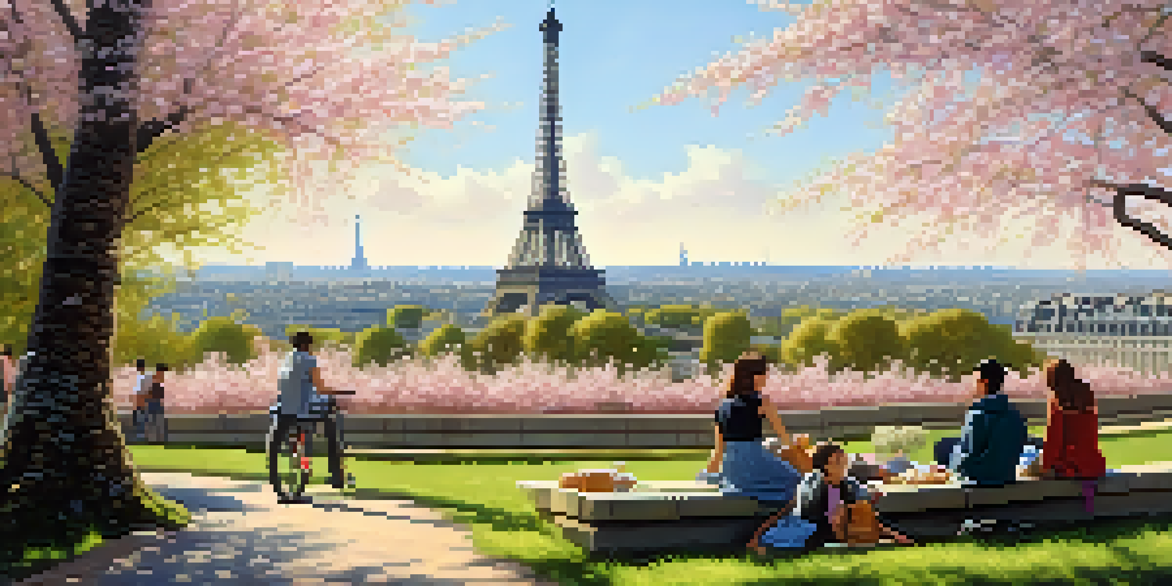 A view of the Eiffel Tower surrounded by cherry blossom trees, with people having a picnic and a visible accessible pathway.