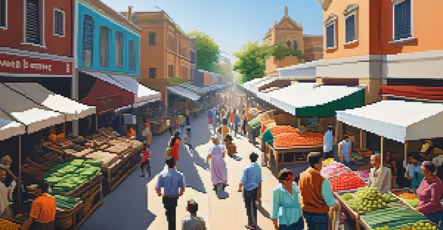 A lively street market filled with colorful stalls and people, showcasing fresh produce and crafts.