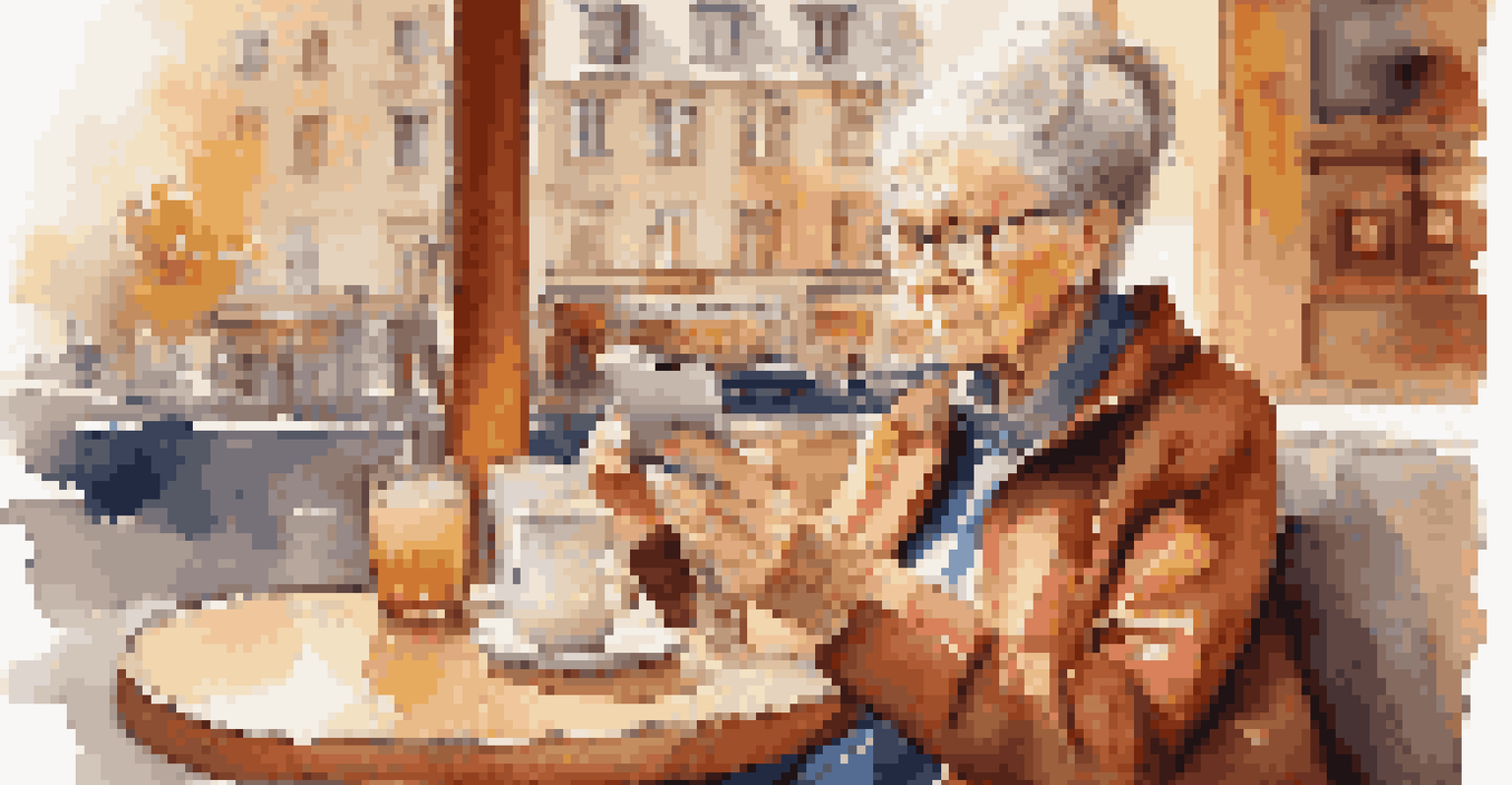 An elderly woman in a cozy café, using a smartphone while surrounded by travel brochures.