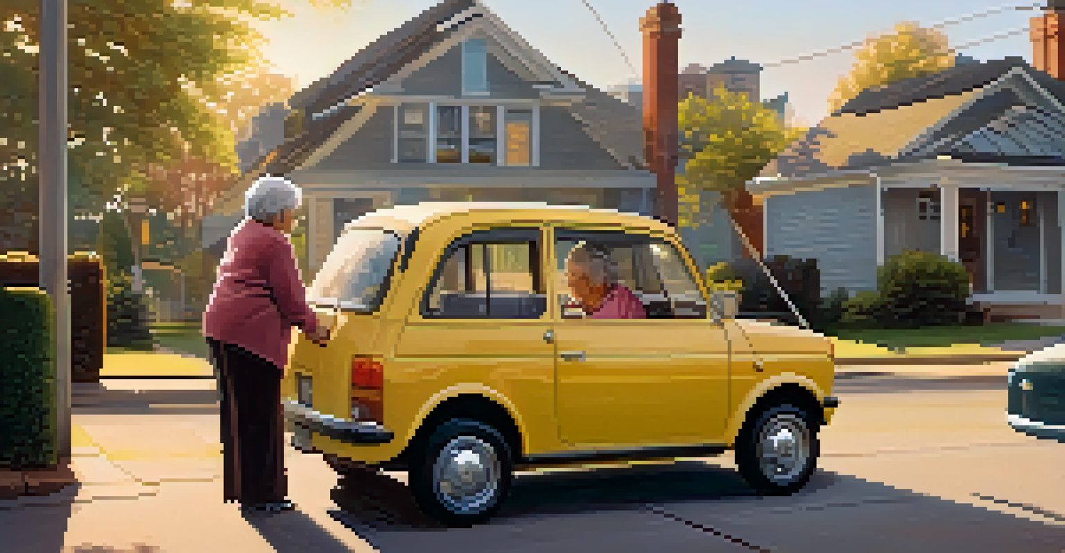 A driver helping an elderly woman with a walker enter a ride-sharing vehicle outside a home, with warm evening light in the background.