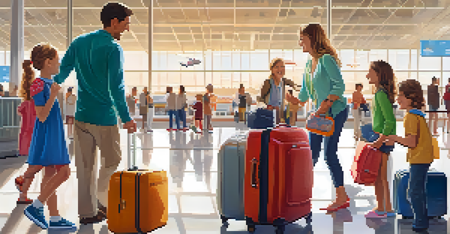 A joyful family at the airport, children rolling their suitcases with bright luggage around them.